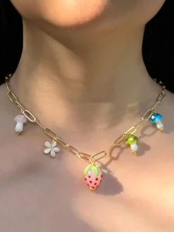 Pink Strawberry Charm Necklace with Colourful Mushrooms