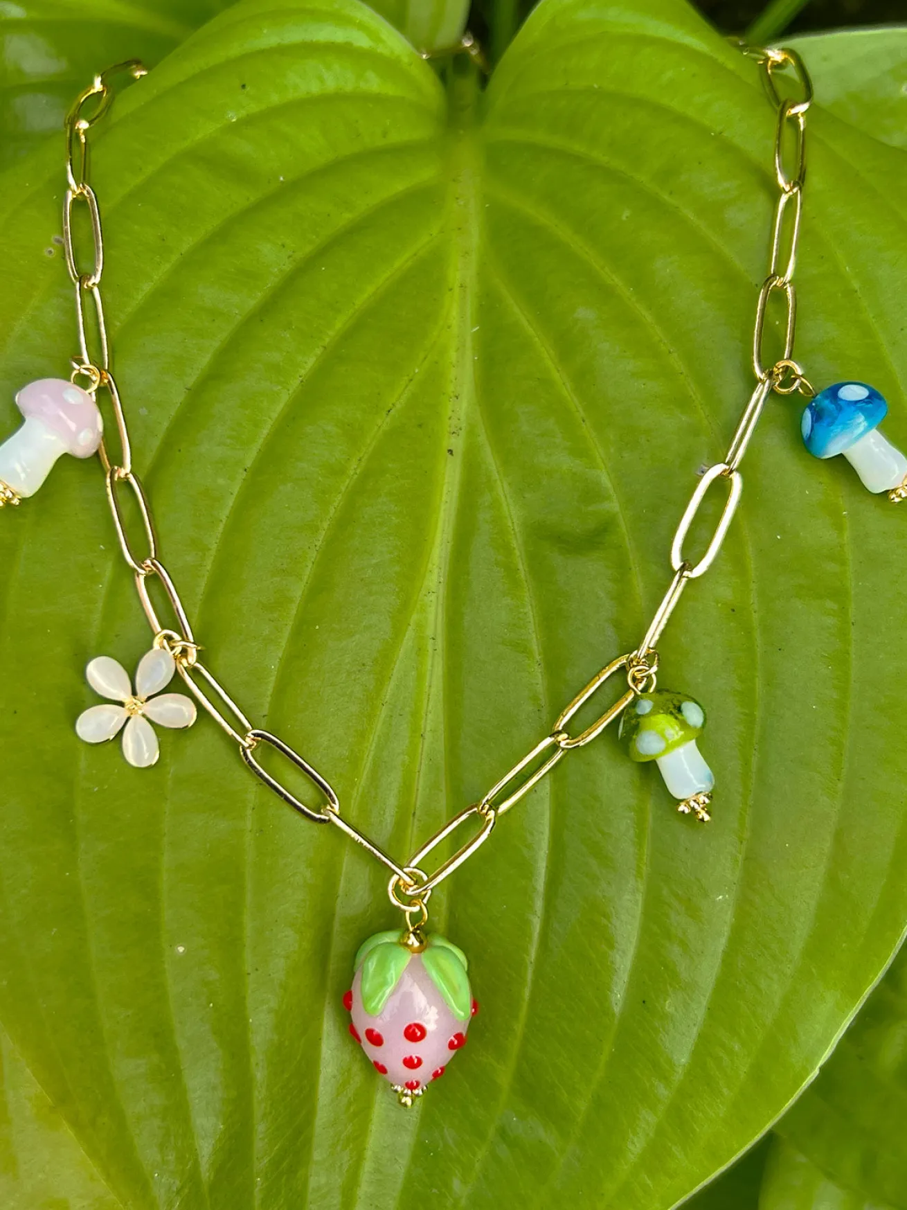 Pink Strawberry Charm Necklace with Colourful Mushrooms