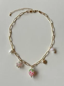 Pink Strawberry Charm Necklace with Petite Locket