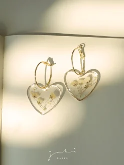Pressed Flower Heart Hoops - Yellow
