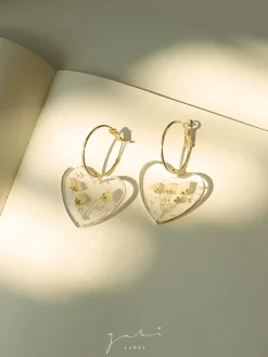 Pressed Flower Heart Hoops - Yellow