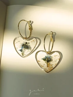 Pressed Flower Heart Hoops - Blue