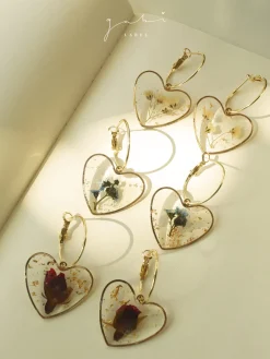 Pressed Flower Heart Hoops - Red