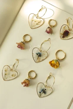Pressed Flower Heart Hoops - Yellow