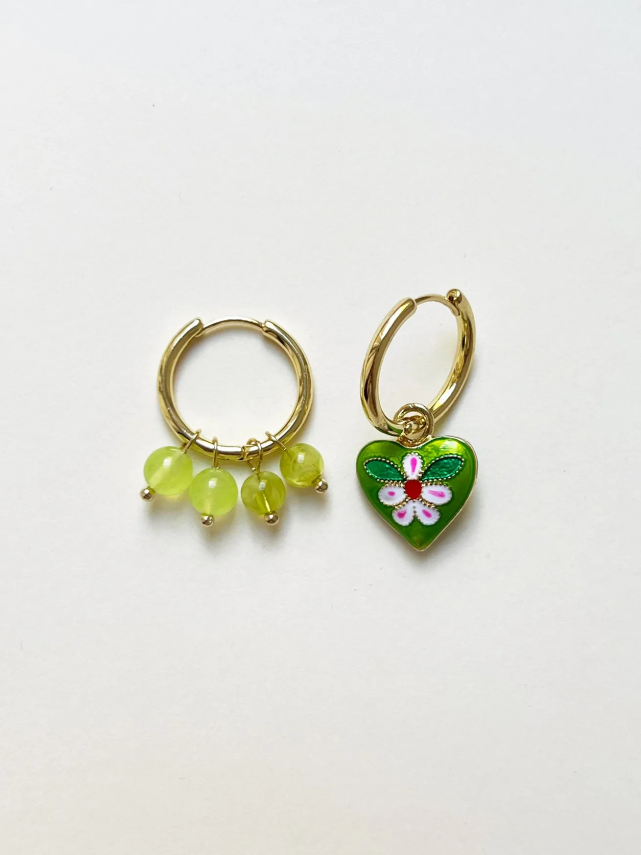 Quirky Mismatched Hoops with Natural Stones - Green
