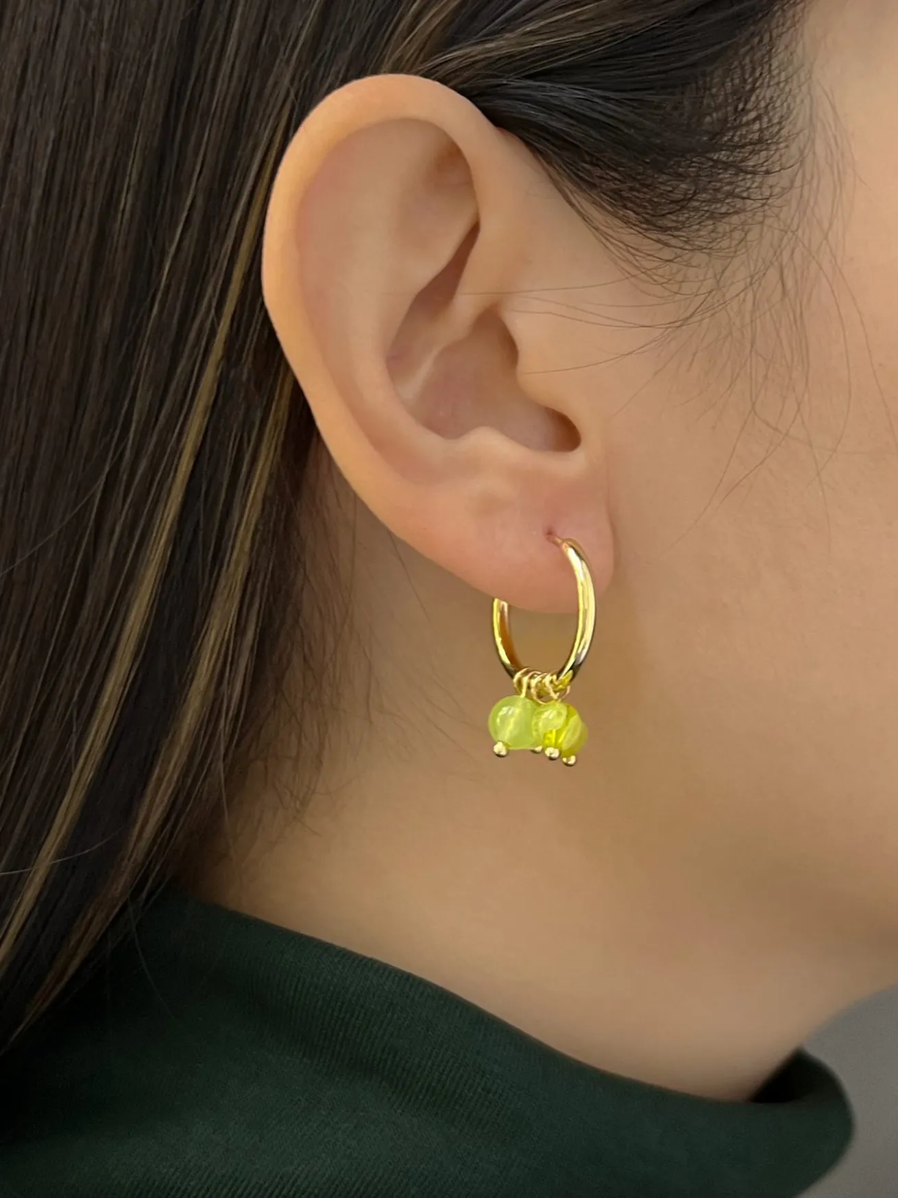 Quirky Mismatched Hoops with Natural Stones - Green