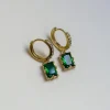 Rectangular Gemstone Pavé Huggies - Emerald Green