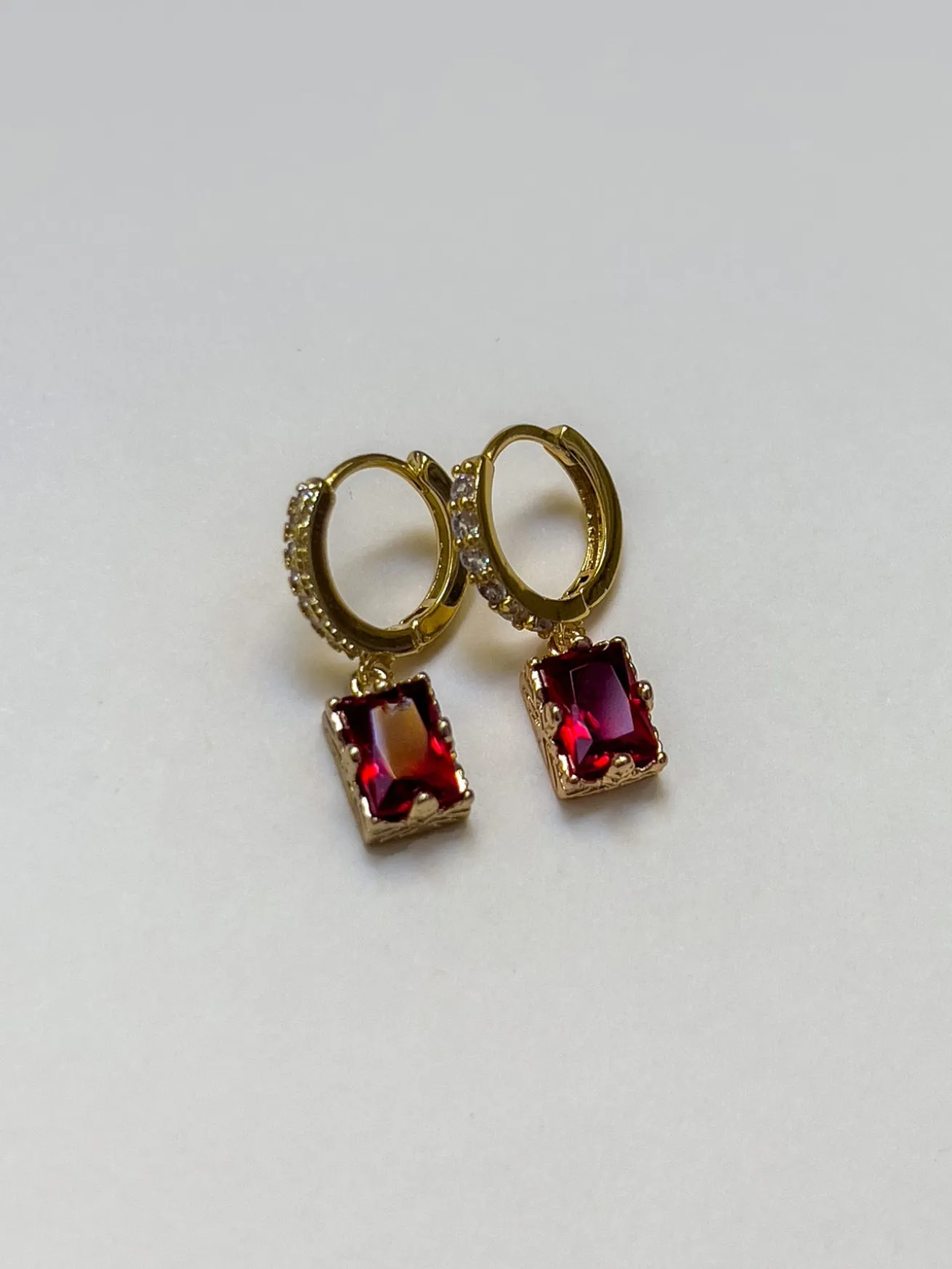 Rectangular Gemstone Pavé Huggies - Garnet Red
