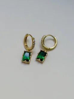 Rectangular Gemstone Pavé Huggies - Emerald Green