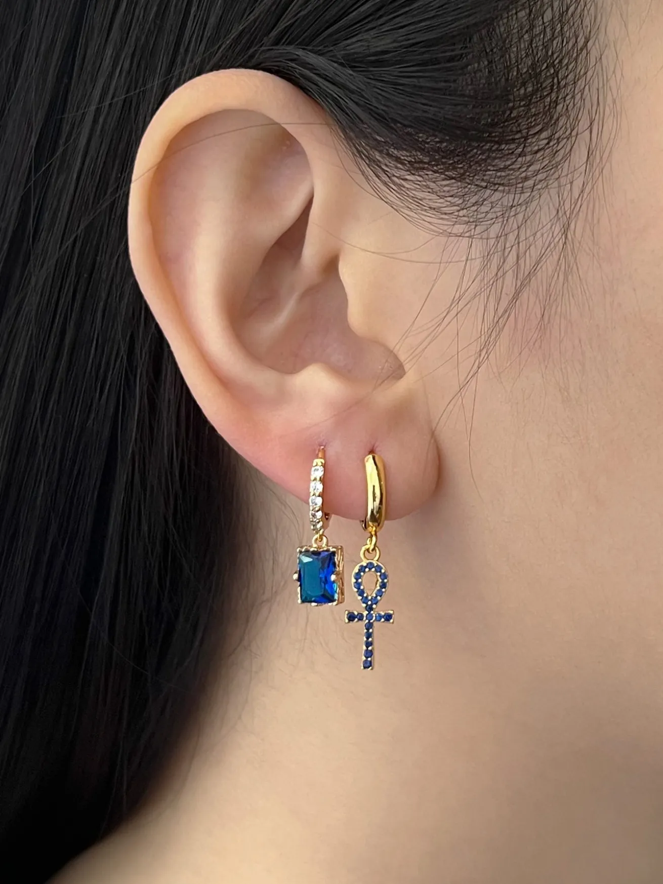 Rectangular Gemstone Pavé Huggies - Royal Blue