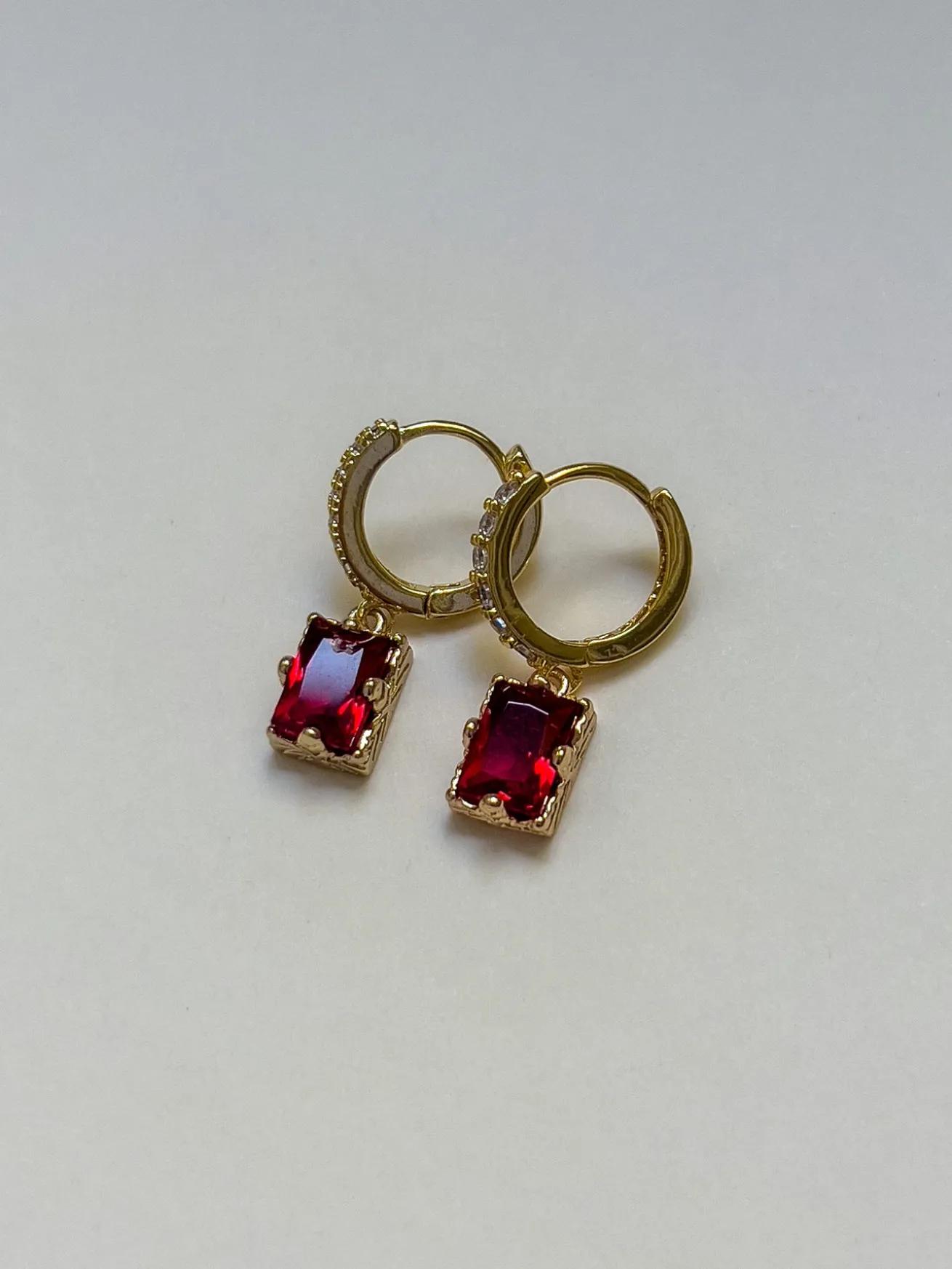 Rectangular Gemstone Pavé Huggies - Garnet Red