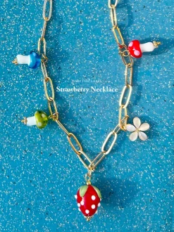 Red Strawberry Charm Necklace with Colourful Mushrooms