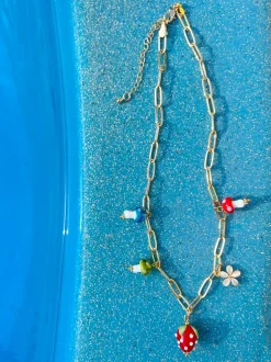 Red Strawberry Charm Necklace with Colourful Mushrooms