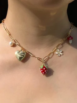 Red Strawberry Charm Necklace with Locket