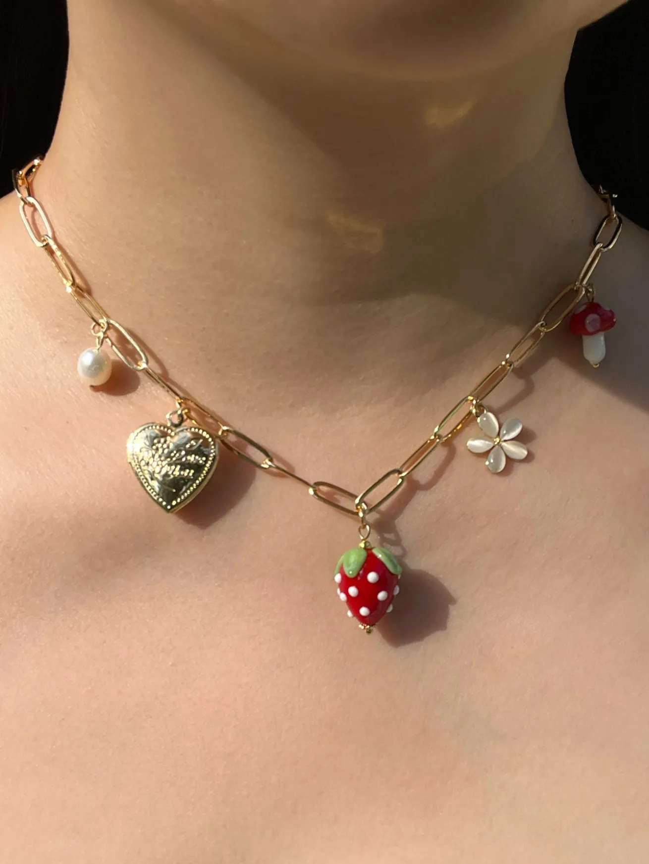 Red Strawberry Charm Necklace with Locket