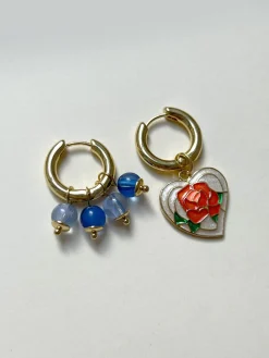 Rose Heart Mismatched Hoops with Blue Natural Stones