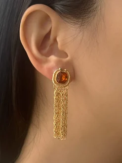 Royal Gemstones Dangling Chain Earrings - Brownish Red