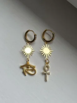 Starburst Mismatched Pavé Huggies - Ankh/Eye of Horus