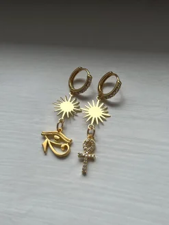 Starburst Mismatched Pavé Huggies - Ankh/Eye of Horus