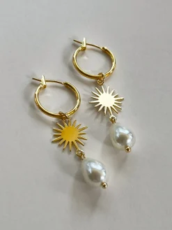Starburst Teardrop Pearl Hoop Earrings