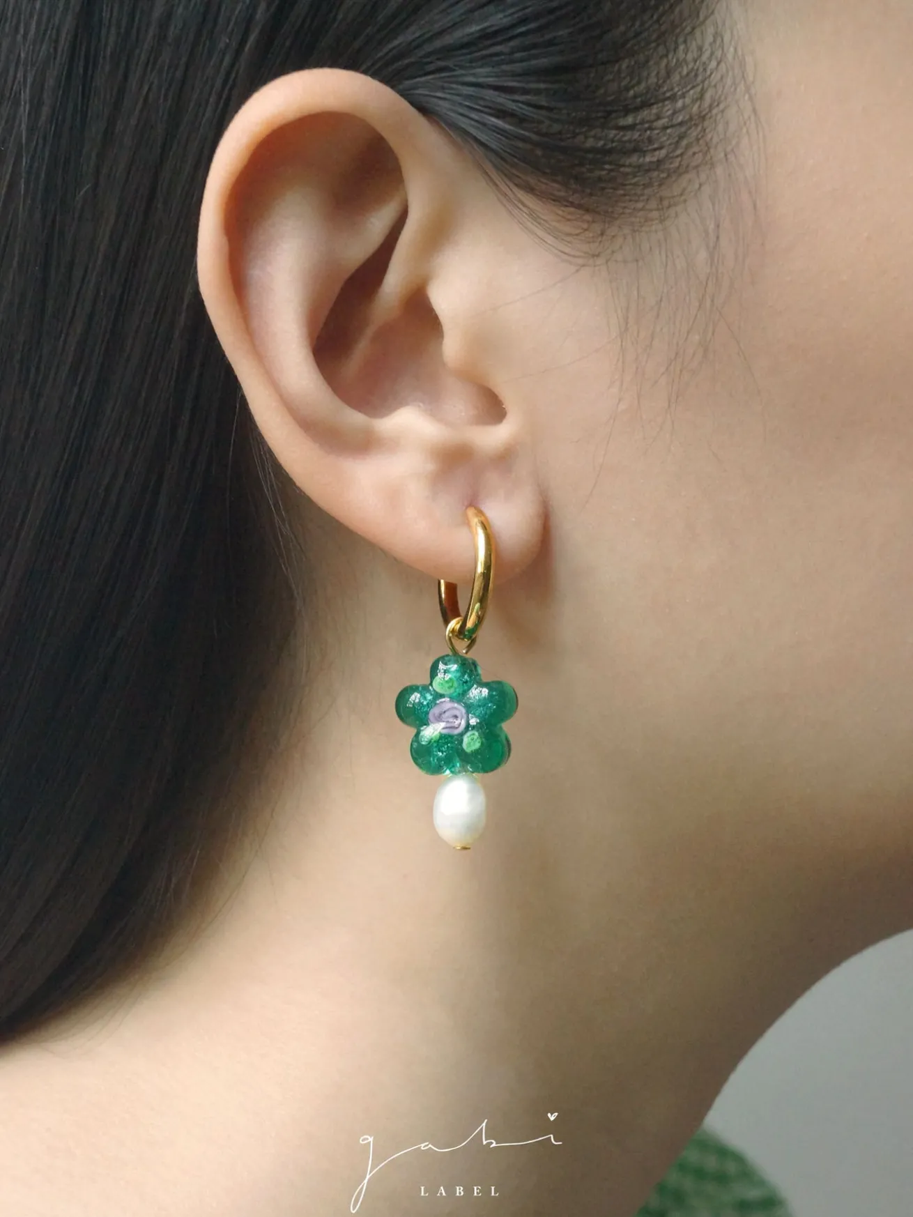 Teal-Green Glass Flower & Pearl Hoop Earrings