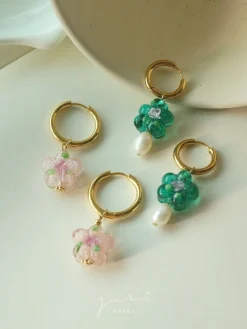 Teal-Green Glass Flower & Pearl Hoop Earrings