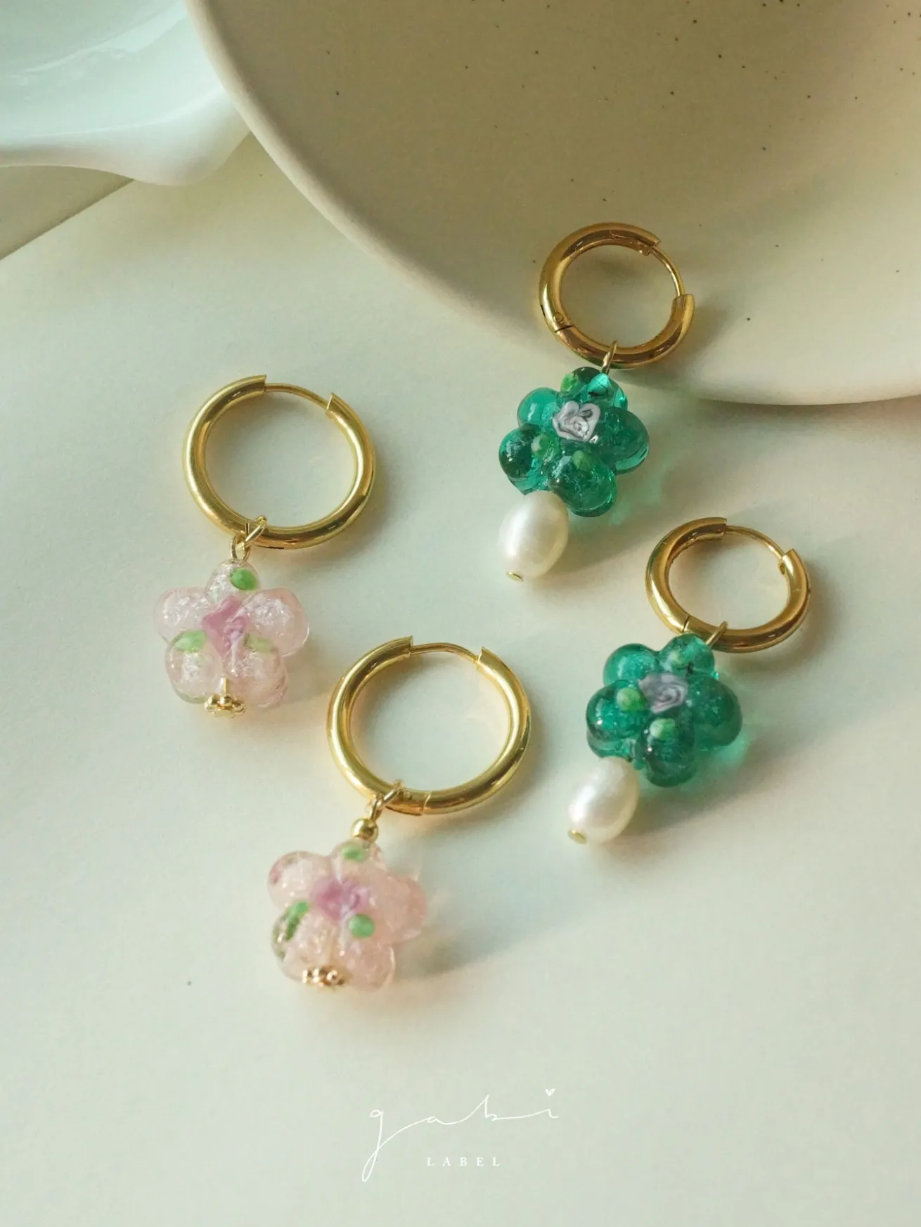 Teal-Green Glass Flower & Pearl Hoop Earrings