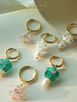 Teal-Green Glass Flower & Pearl Hoop Earrings