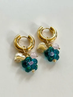 Teal-Green Glass Flower Chunky Hoops - Heart Locket/Pink Crystal