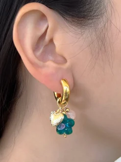 Teal-Green Glass Flower Chunky Hoops - Heart Locket/Pink Crystal