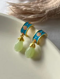 Vintage Floral Motif Hoops with Jade