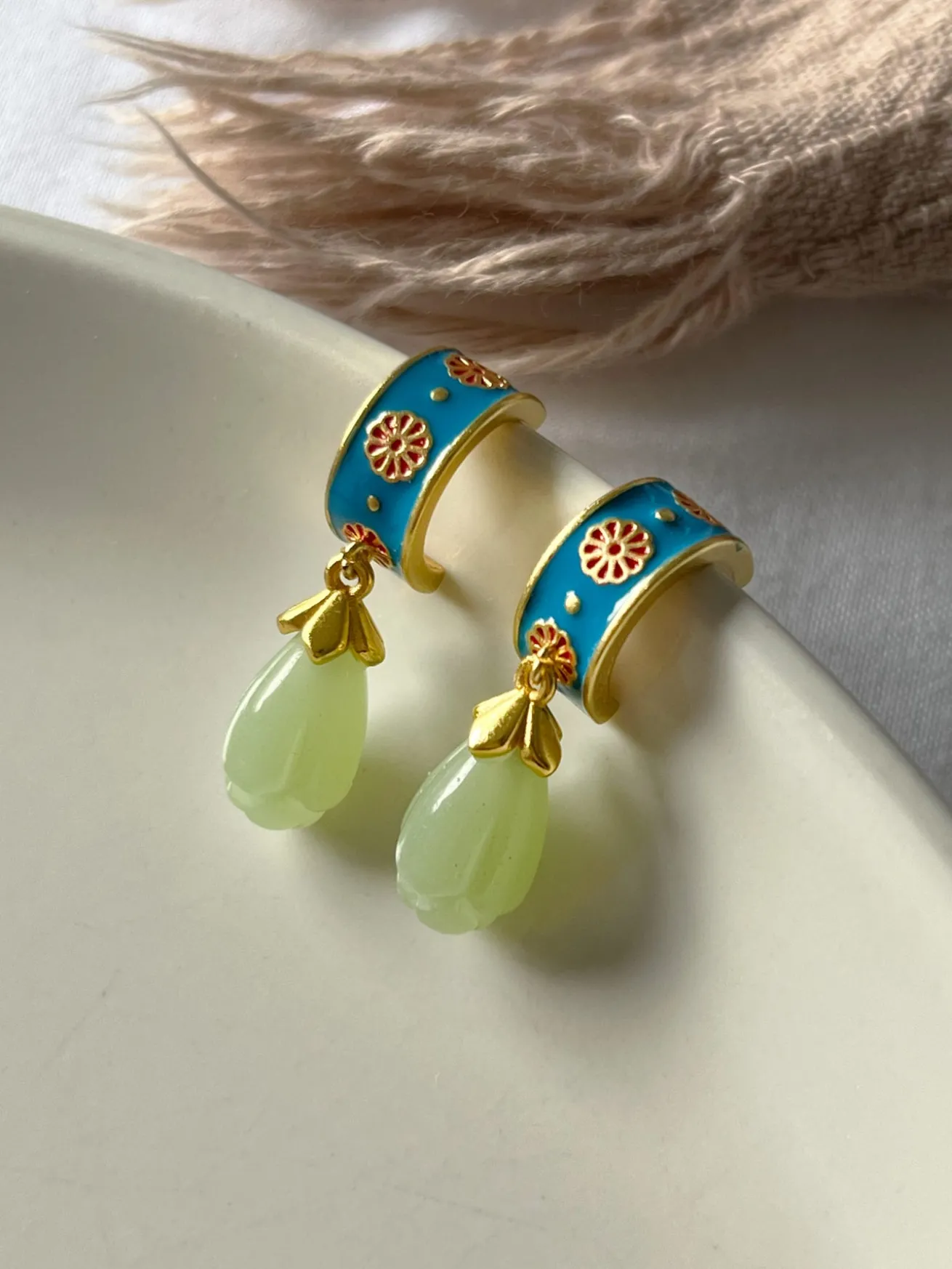 Vintage Floral Motif Hoops with Jade