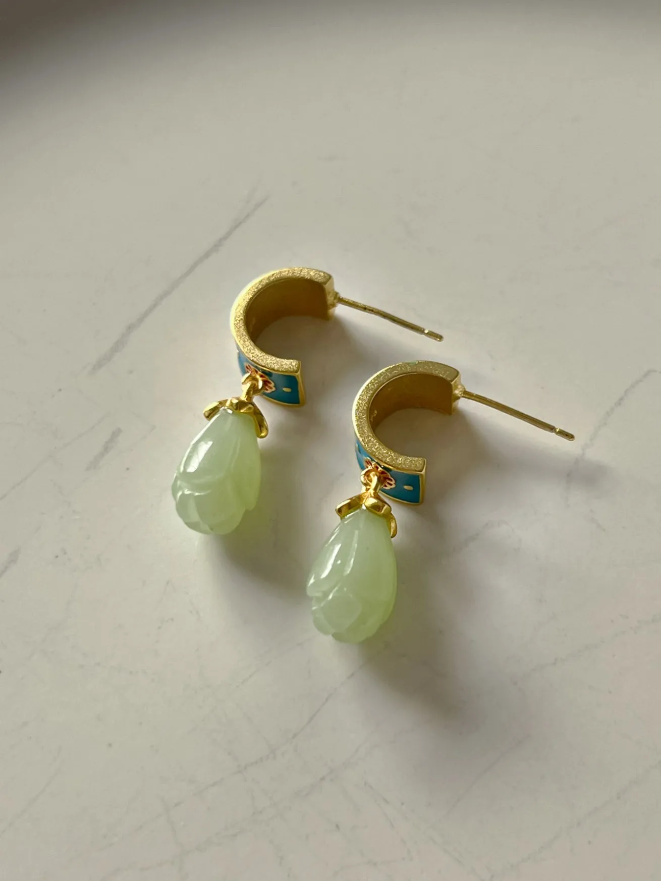 Vintage Floral Motif Hoops with Jade